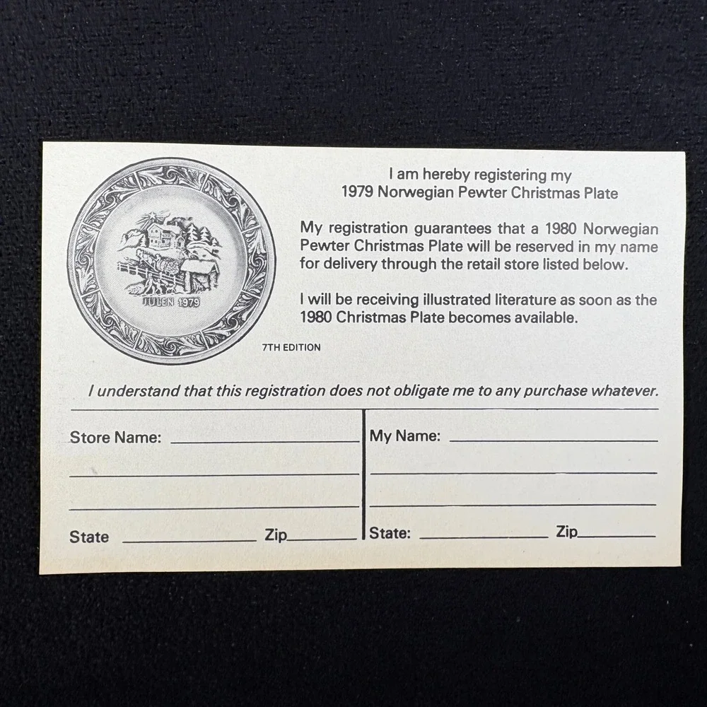 A. Holthe Norway Pewter Plate‎ Julen 1979 Christmas Plate 7th Edition Tags Box